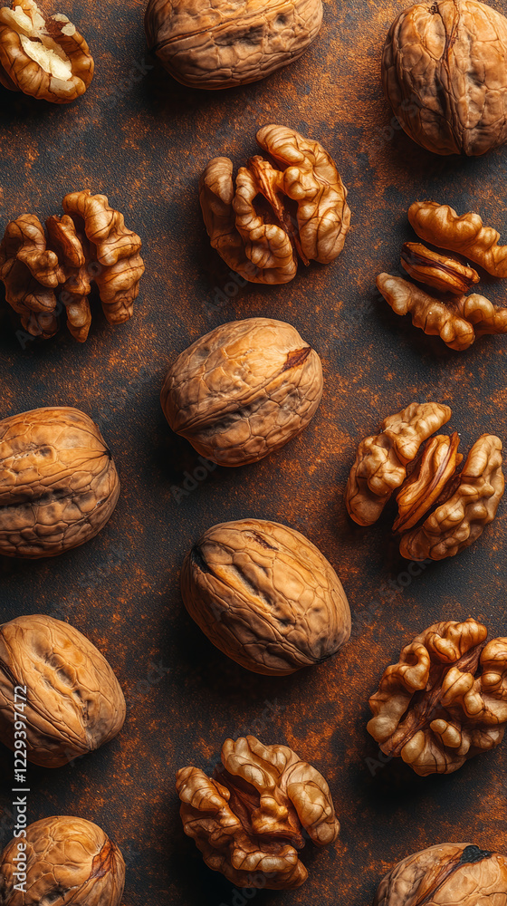 A close up of walnuts on a dark background A close up of walnuts on a dark background