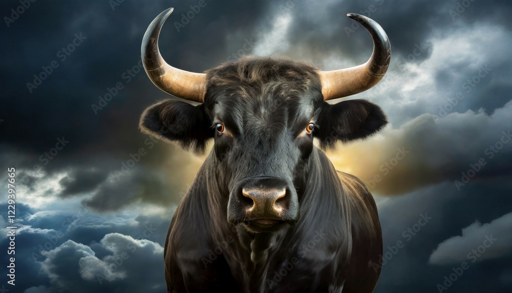 Naklejka premium Black bull in front of dark clouds and stormy sky, AI generated, AI generated