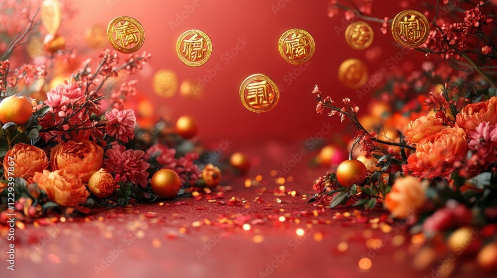 Obraz premium Festive red blooms gold coins lucky celebration