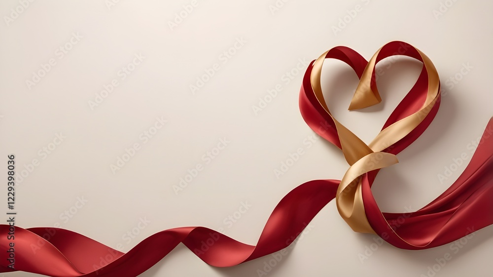 Flowing silk ribbons in shades of red and gold gracefully forming a heart shape, against a glossy neutral background.
Flowing silk ribbons in shades of red and gold gracefully forming a heart shape, against a glossy neutral background.