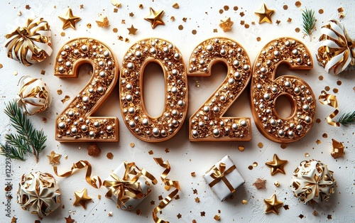 2026 gold numbers, festive decor, white background, New Year celebration photo