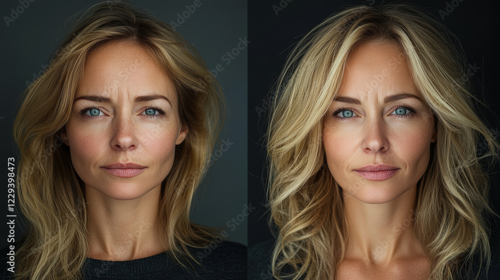 The two images show a woman with long blonde hair The two images show a woman with long blonde hair