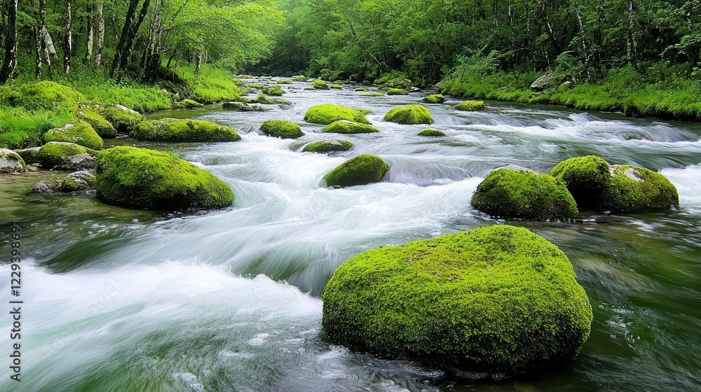 Fototapeta premium Green Mossy Rocks in a Flowing River