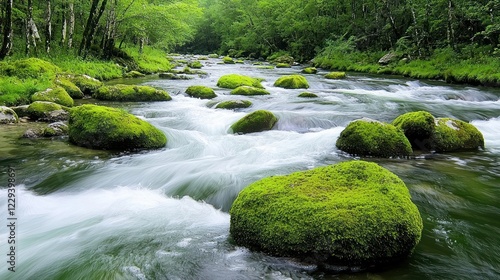 Green Mossy Rocks in a Flowing River