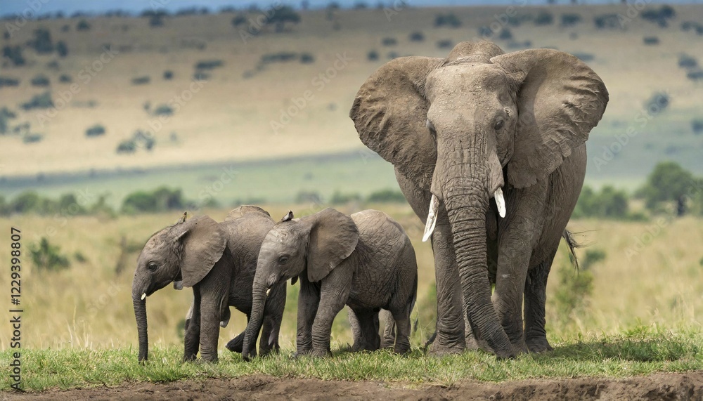 Fototapeta premium KI generated, animal, animals, mammal, mammals, biotope, habitat, three, foraging, wildlife, Africa, Kenya, african elephant (Loxodonta africana), elephant cow and two young animals, Africa
