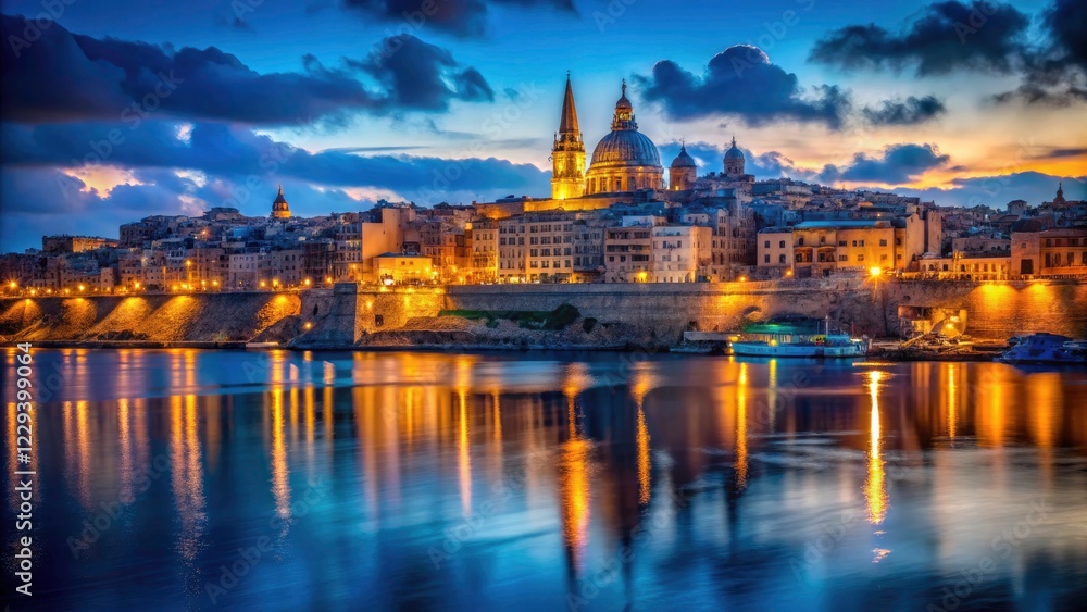 Fototapeta premium Malta's Valletta: stunning night photography, clear Mediterranean seascape.