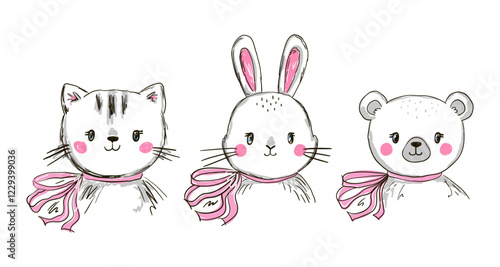 three adorable animal faces: a cat, a rabbit, and a bear, all wearing matching scarves. Their charming expressions and soft, minimalistic style add a playful and cute vibe.