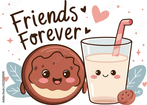 Kawaii Black Cookie & Glass of Milk with Friends Forever lettering. Cute funny & happy breakfast characters on transparent