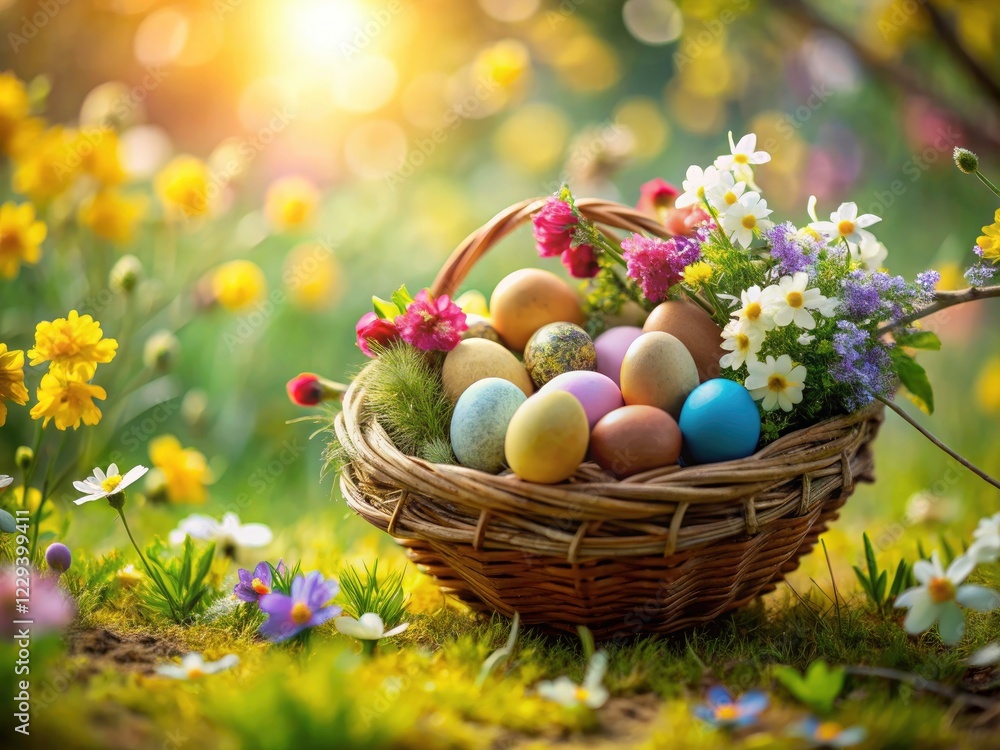 Miniature spring blooms and painted eggs fill a tilt-shift Easter basket, a delightful holiday scene captured in a charming photograph. Miniature spring blooms and painted eggs fill a tilt-shift Easter basket, a delightful holiday scene captured in a charming photograph.