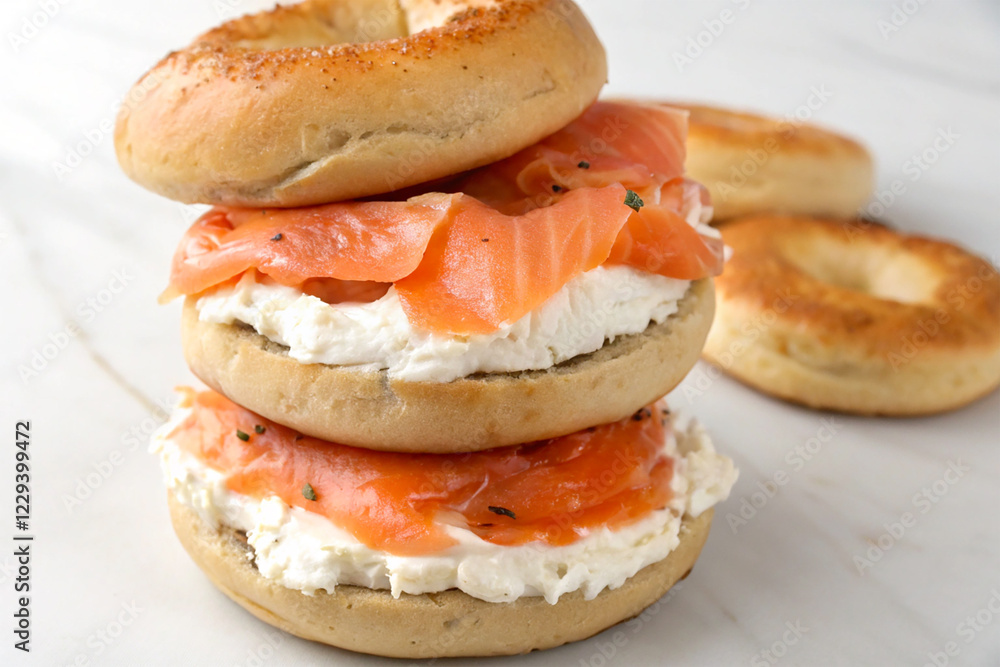 A stack of bagels with cream cheese and smoked salmon A stack of bagels with cream cheese and smoked salmon