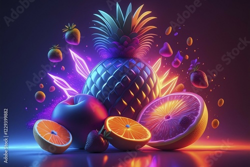 AI generated, colourful, neon-lit fruits, including a pineapple and oranges, in a surreal, dark environment, AI generated