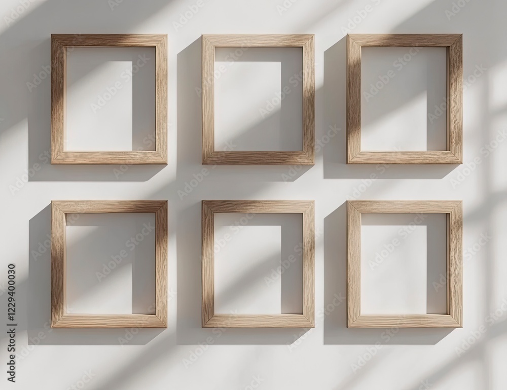 A mockup of six blank square wooden frames on the wall, each frame is of different sizes, and they have a white background. A mockup of six blank square wooden frames on the wall, each frame is of different sizes, and they have a white background.