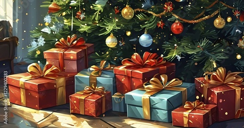 Abstract illustration of wrapped Christmas gifts, shiny ribbons and bows, stacked under a evergreen tree in a cozy living room, AI generated