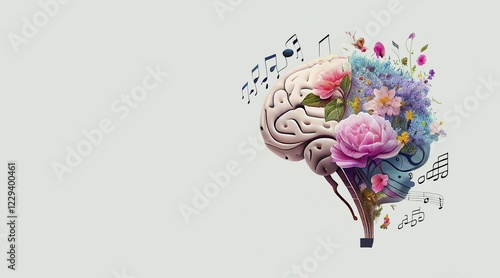 Human brain tree with flowers and music notes, self care and mental health concept, positive thinking, creative mind