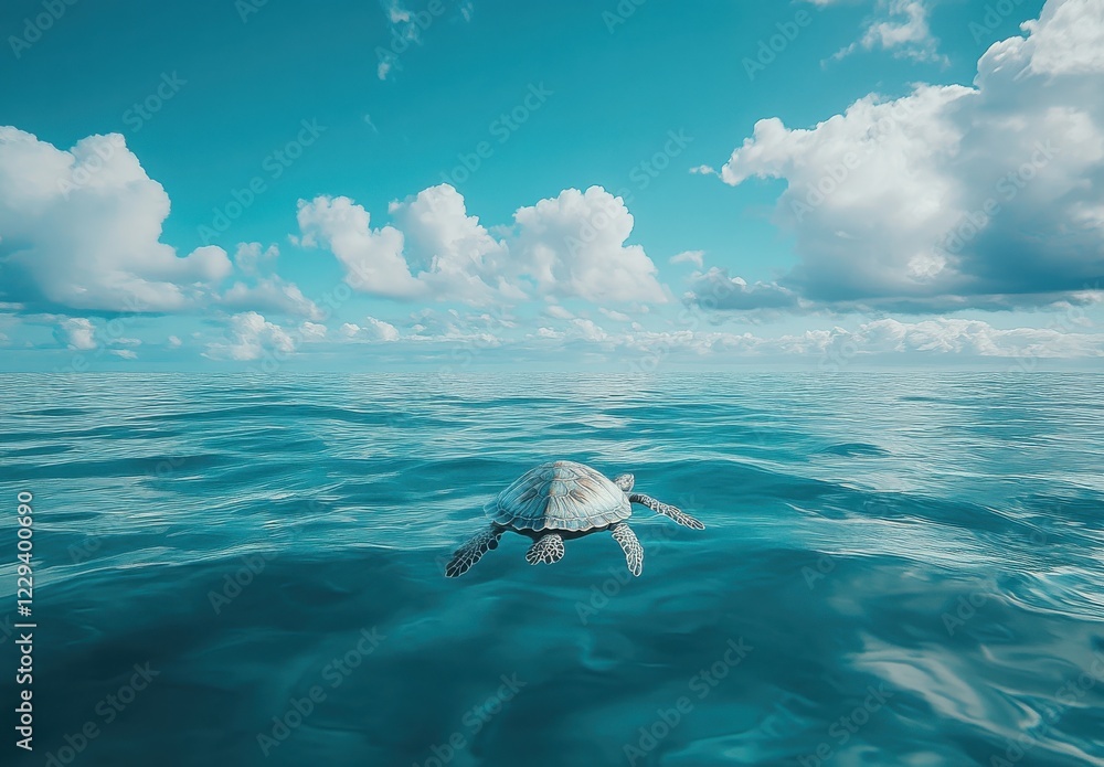 Naklejka premium Majestic Sea Turtle Swimming Gracefully in Crystal Clear Ocean Under Bright Blue Sky with Soft White Clouds and Tranquil Water Surface