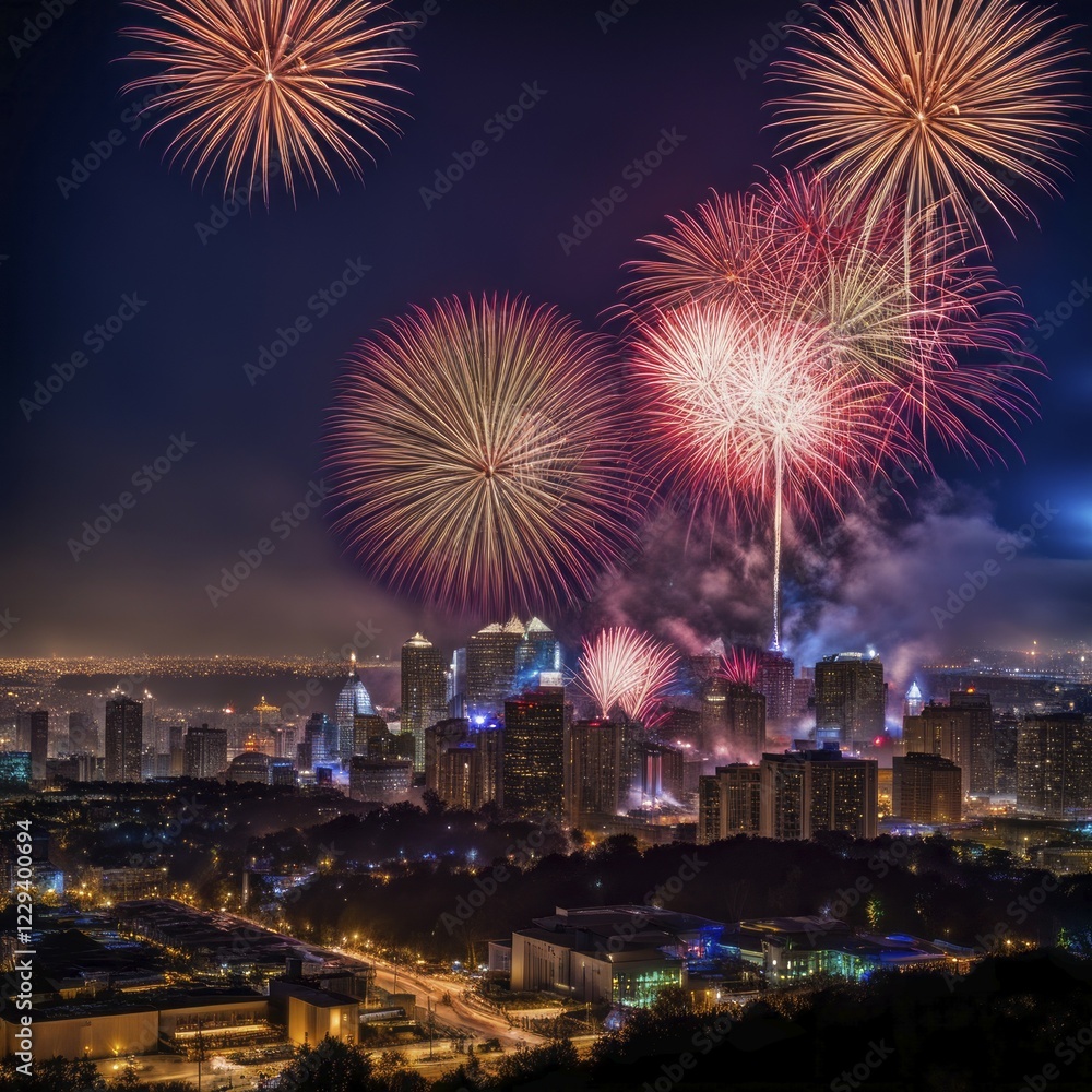 A vibrant cityscape at night illuminated by colorful fireworks, creating an atmosphere of celebration, AI generated A vibrant cityscape at night illuminated by colorful fireworks, creating an atmosphere of celebration, AI generated