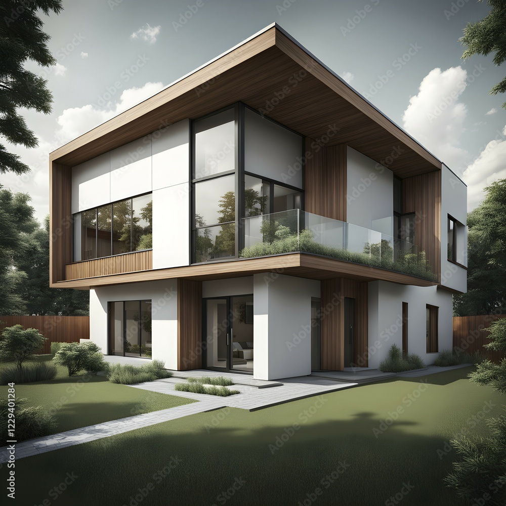 Fototapeta premium Three dimensional render of a modern ecological real estate residential house, AI gnerated, AI generated