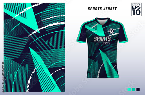 T-shirt sport jersey design template with geometric line halftone pattern background. Sport uniform in front view. Tshirt mock up for sport club. Vector Illustration