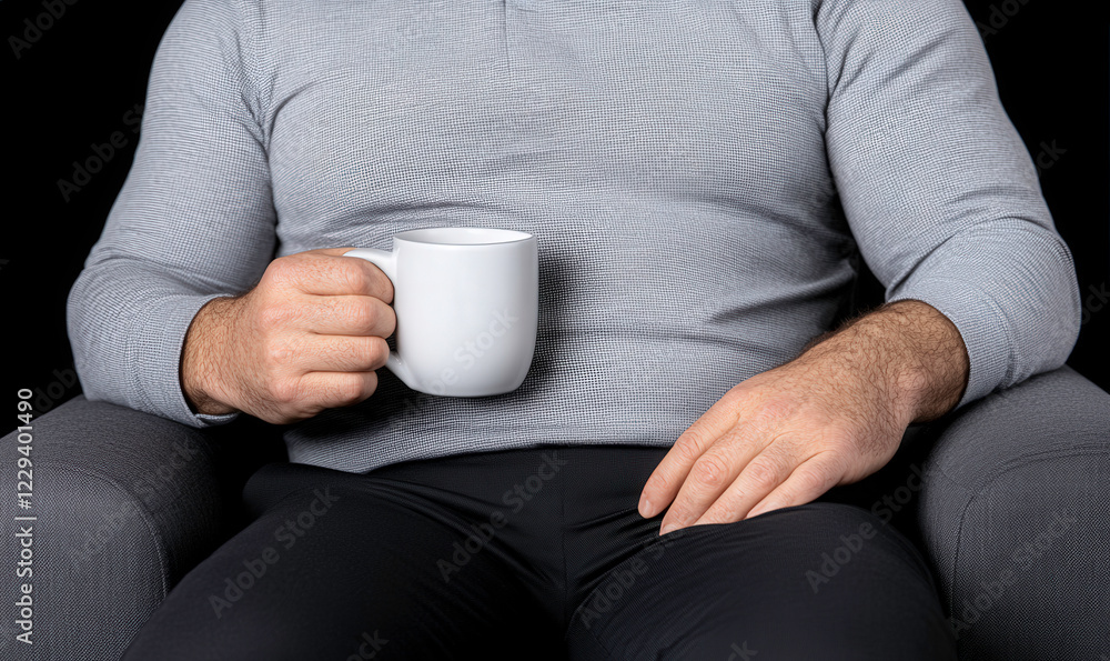 Man in Grey Long Sleeve Shirt Holds White Coffee Mug While Sitting Comfortably in Dark Armchair Against Black Background Man in Grey Long Sleeve Shirt Holds White Coffee Mug While Sitting Comfortably in Dark Armchair Against Black Background