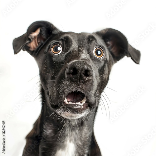 A black and white dog with an expectant look and open mouth, surprised, advertising, special offer, AI generated photo