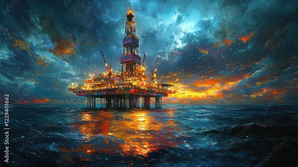 Obraz premium Majestic offshore rig sunset ocean drama
