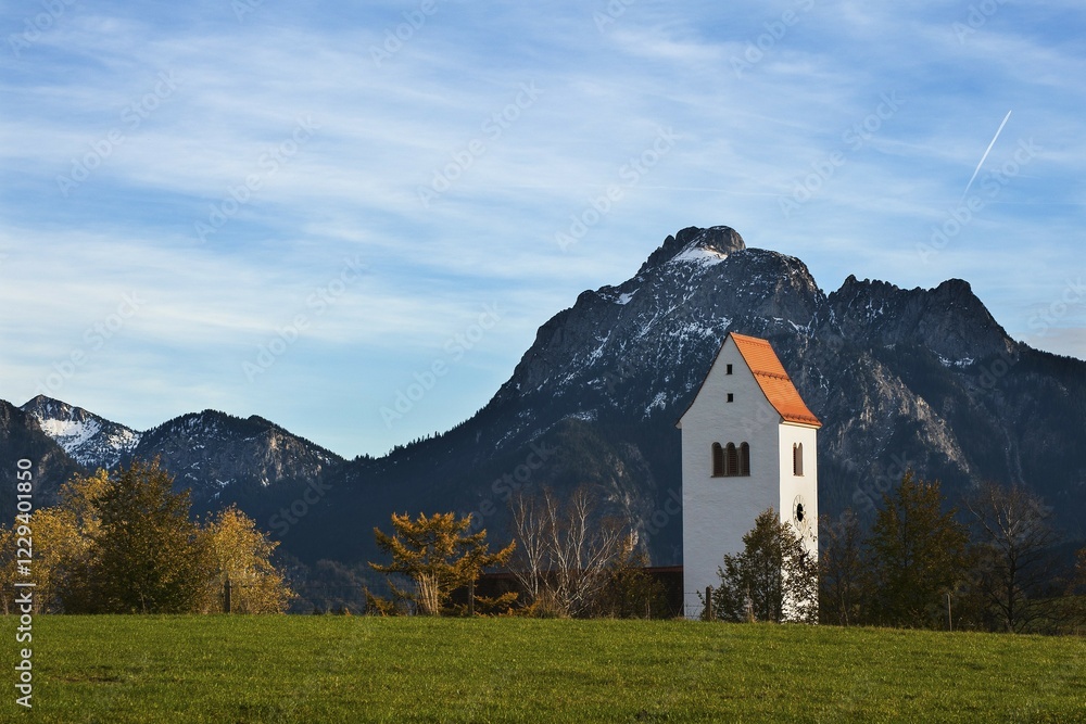 Church tower with Mt Säuling at the back, Hopfen am See quarter of Füssen, Bavaria, Germany, Europe Church tower with Mt Säuling at the back, Hopfen am See quarter of Füssen, Bavaria, Germany, Europe