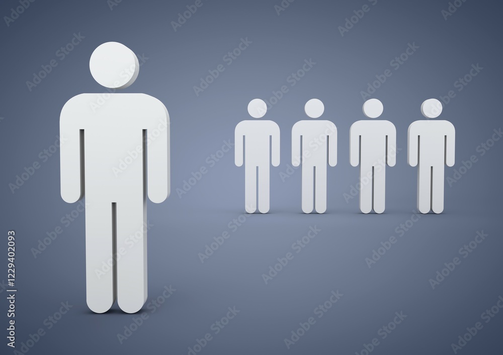 A group of men, one man standing apart, symbolic image for bullying, discrimination, 3D illustration A group of men, one man standing apart, symbolic image for bullying, discrimination, 3D illustration