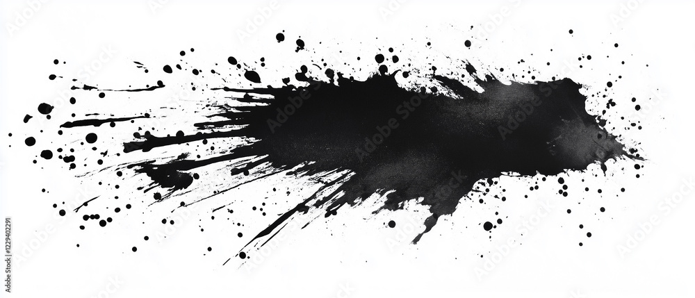 Obraz premium Black ink Splatter, black paint, ink brush strokes, brushes, lines, grungy. Black inked splatter dirt stain splattered spray splash with drops blots. White background. Copy space for text. Banner.