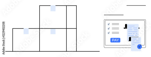 Boxes stacked orderly next to a digital screen displaying invoice items and a PAY button. Ideal for e-commerce, logistics, inventory, online payment, financial technology, digital transactions
