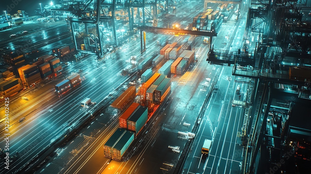 Container trucks in shipping port for Logistics and transportation business featuring abstract digital technology background, ideal for futuristic projects and technology themed visuals Container trucks in shipping port for Logistics and transportation business featuring abstract digital technology background, ideal for futuristic projects and technology themed visuals