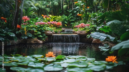 A view of a lush tropical garden with vibrant flowers, large green leaves, and a calm pond surrounded by exotic plants, capturing the natural beauty of a tropical destination