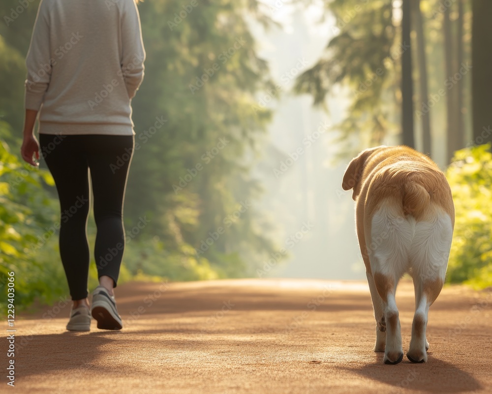 Obraz premium A person walks a dog along a serene, sunlit path in a lush forest, capturing a moment of companionship and tranquility.