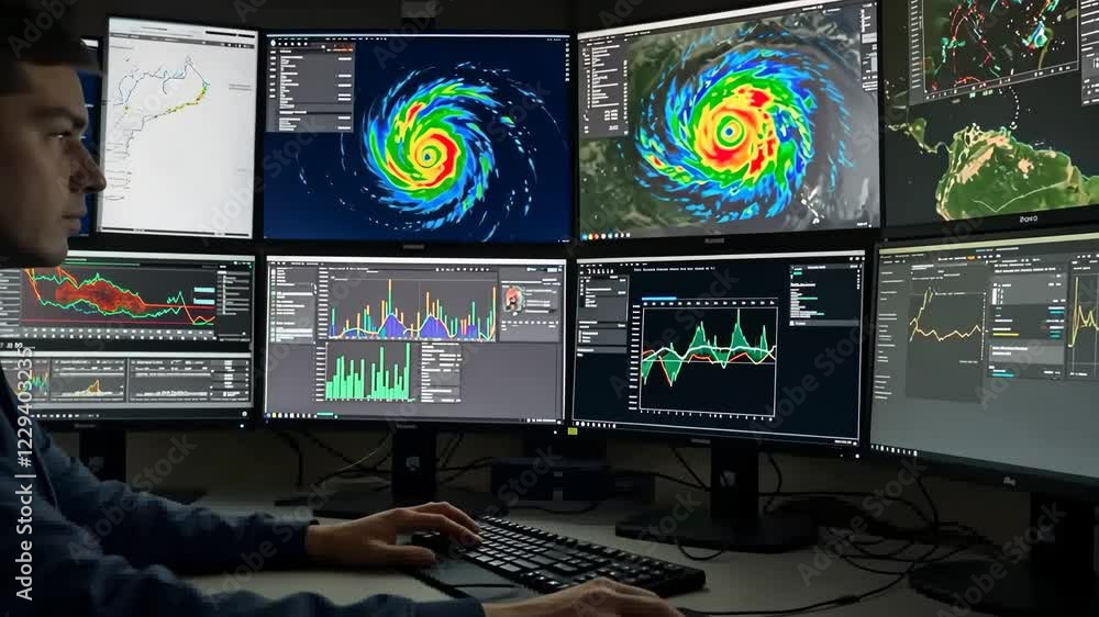 Man, monitors and computer with weather analysis and hurricane tracking ...
