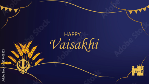 Happy Vaisakhi with Wheat, Khanda, and Golden Temple