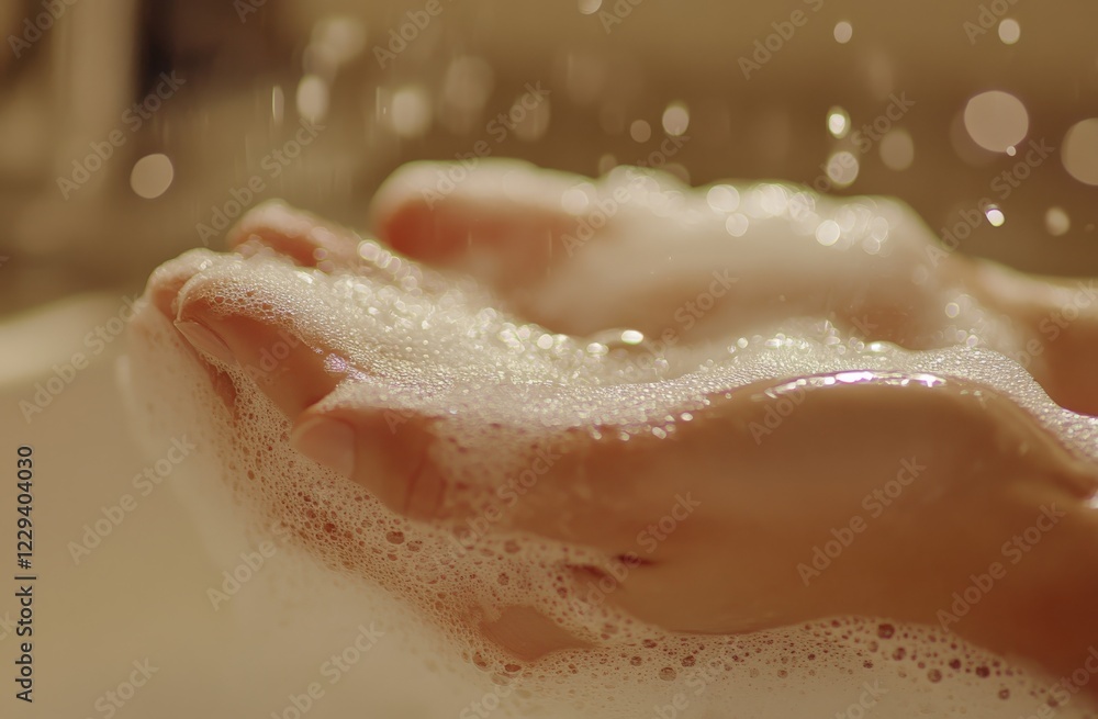 Fototapeta premium A person is thoroughly washing their hands with soap at a sink