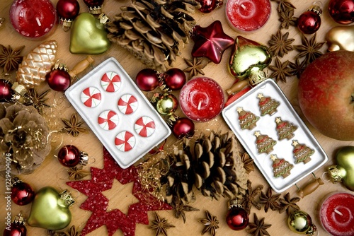 Festive decoration with wooden stars and Christmas tree decoration