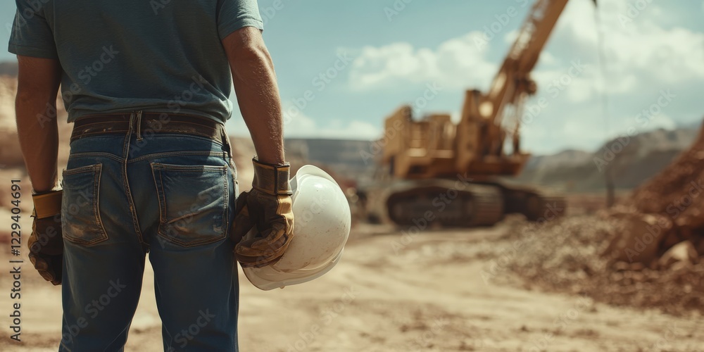 A man holds a hard hat while observing a nearby construction site A man holds a hard hat while observing a nearby construction site