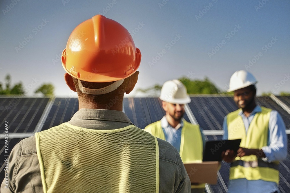 Three construction workers wearing helmets and safety waistcoats in front of solar panels in the sunlight discussing projects, AI generated, AI generated Three construction workers wearing helmets and safety waistcoats in front of solar panels in the sunlight discussing projects, AI generated, AI generated
