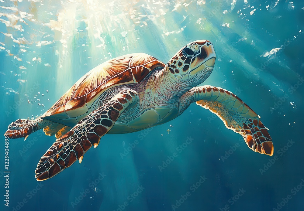 Fototapeta premium Majestic Sea Turtle Swimming Gracefully Through Crystal Clear Ocean Waters with Sunlight Streaming From Above and Vibrant Colors of Marine Life Displayed