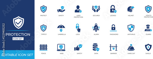 Protection icon set featuring shields, safe, security, helmet, password, shield, hard hat, spyware, guard, safety, data protection elements, and risk prevention visuals.