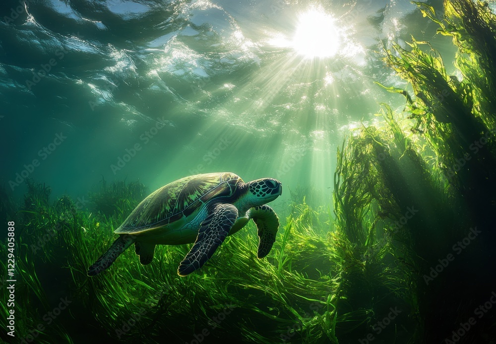 Obraz premium Majestic Sea Turtle Swimming Gracefully Through Lush Underwater Forest of Seaweed Beneath Sunlit Surface in Crystal Clear Ocean Water
