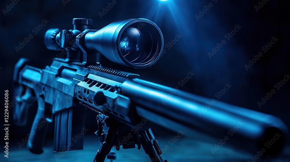 Firearm sniper rifle, long range rifle, rifle with telescopic sight, military equipment, blue spotlight. Catwalk Firearm sniper rifle, long range rifle, rifle with telescopic sight, military equipment, blue spotlight. Catwalk