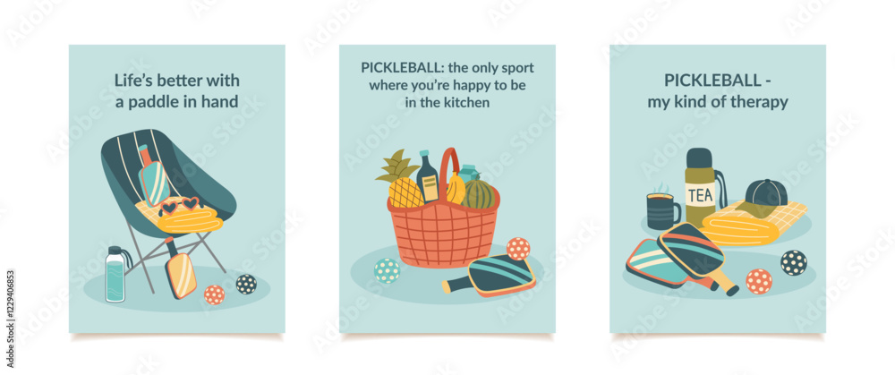 Fototapeta premium Set of pickleball concept posters. Pickleball and leisure objects. Concept of sport, active lifestyle, leisure, and outdoor recreation. Vector hand drawn cards.