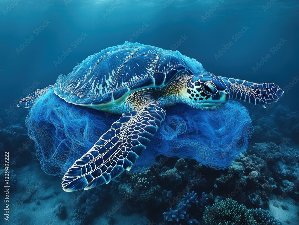 Fototapeta premium Majestic Sea Turtle Swimming Gracefully Through Vibrant Coral Reef Surrounded by Colorful Marine Life in Clear Blue Ocean Waters