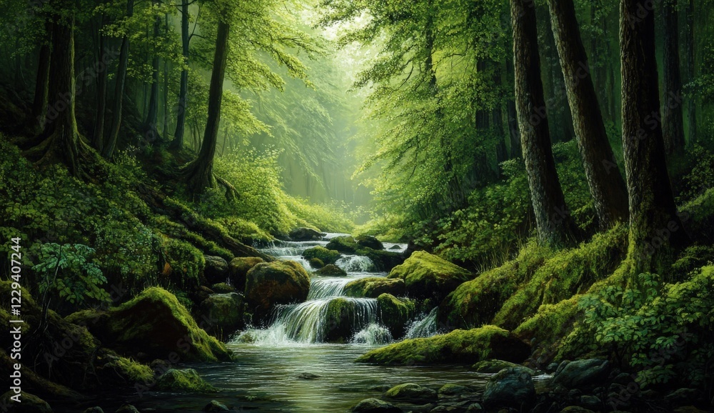 A beautiful river meanders through a lush and vibrant green forest A beautiful river meanders through a lush and vibrant green forest