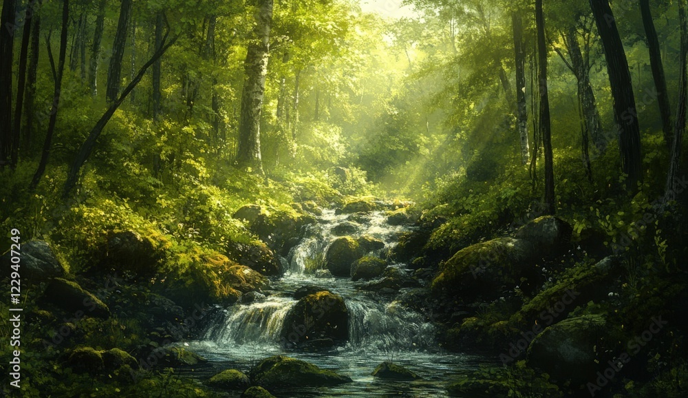 A beautiful river meanders through a lush and vibrant green forest