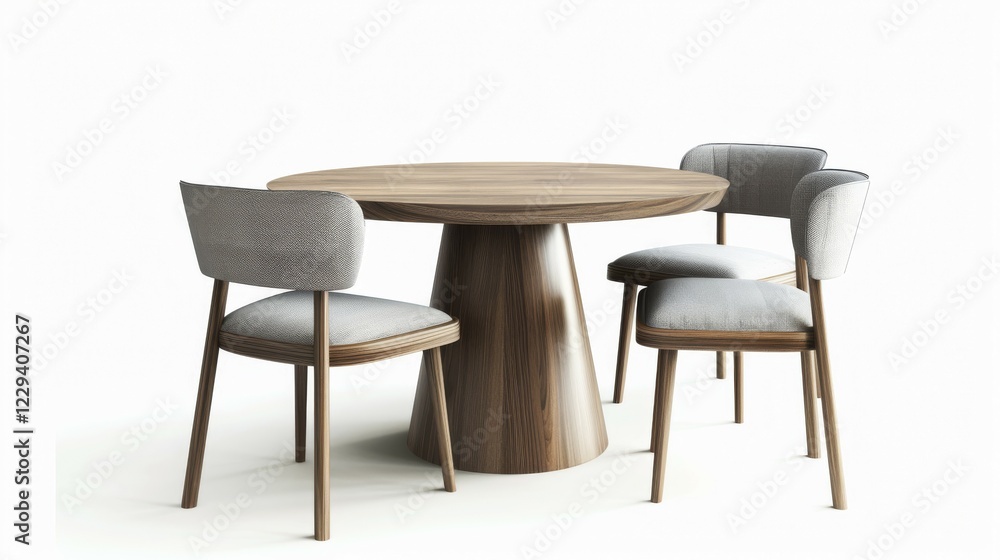 A round wooden table paired with modern grey upholstered chairs, AI generated A round wooden table paired with modern grey upholstered chairs, AI generated