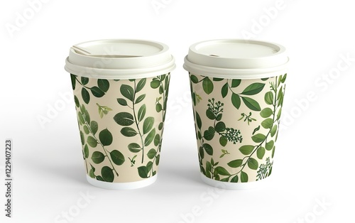 Two biodegradable cups mockup isolated on white background. Compostable, eco friendly materials concept, earth friendly, zero waste, plant based, recyclable, biologic, biodegrade, non toxic biobase photo