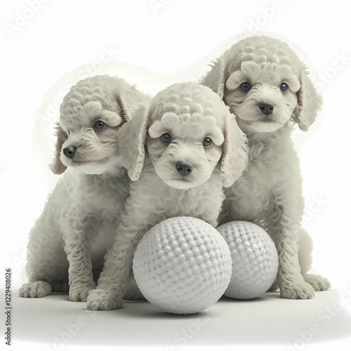 Portrait Puddel puppys playing with a ball in front of a white background, Ai generated Art photo