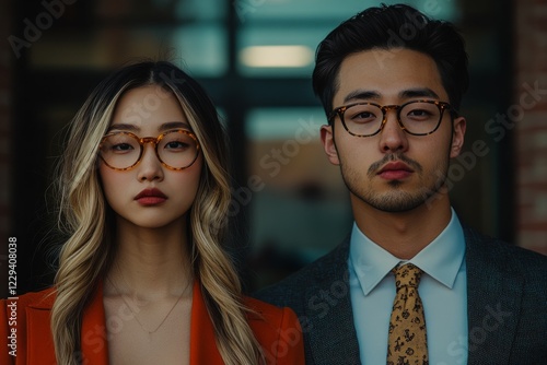 Professional couple poses confidently in stylish attire at urban location during evening light photo